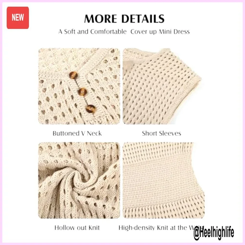 Crochet Mesh V-Neck Swimsuit Cover Up Summer Beach Vacation Dress